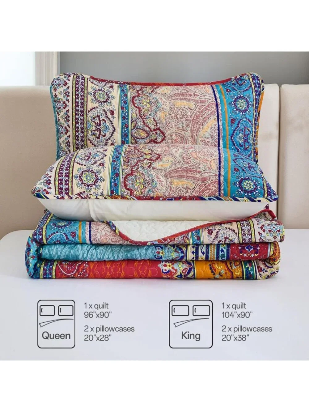 Boho Queen Quilt Set - Colorful Striped Bedding, Lightweight Microfiber, 3